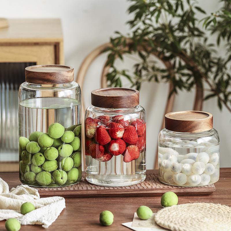Large Capacity Threaded Glass Jar with Wooden Lid for Storage - Suitable for Green Plum, Grape Infused Wine, Dried Tangerine Peel, and Grains.