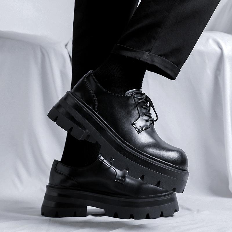 Men Casual Leather Derby Shoes Thick Sole Big Toe Trendy Lace Up Heightened Shoes Fashion Business Footwear