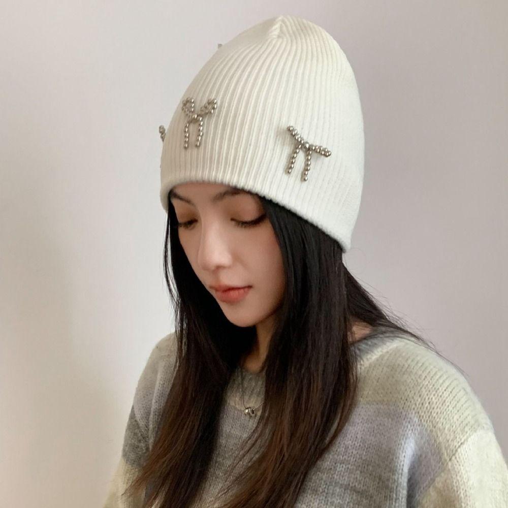 Bowknot Knitted Hat Wool Hat Knit Cap Cute Pearl Bow Beanies  Apparel Accessories