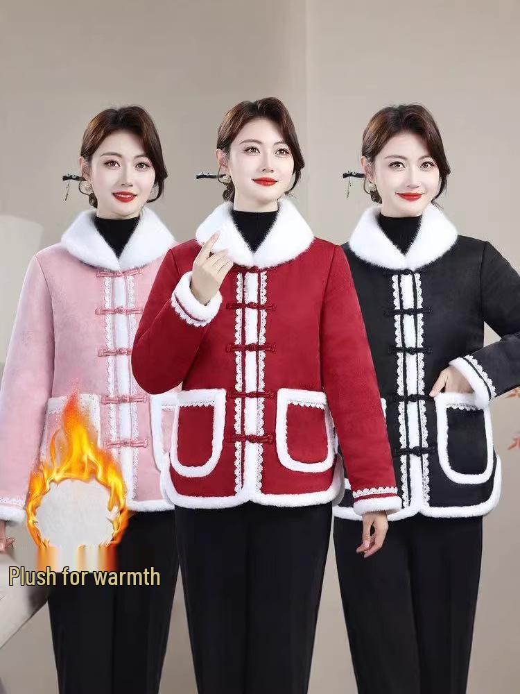 

Warm Quilted Winter Jacket: Comfortable Cotton Outerwear for Women in Festive Northeast Mom Style 4XL (135-145 cm) червоний