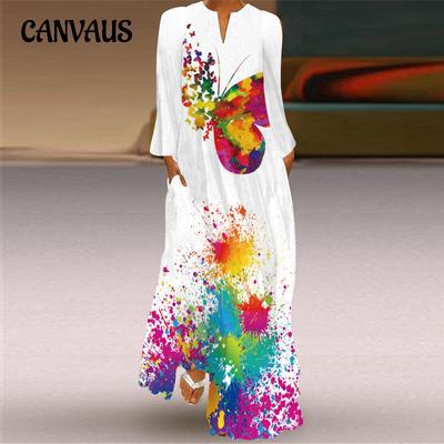 Plus Size Spring and Autumn Women's Dress Vintage Butterfly Print Long Dress V-Neck Long Sleeve Plug Pocket Dresses