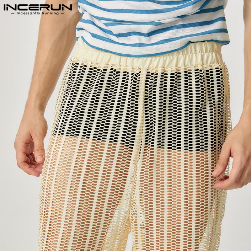 INCERUN Men Fishnet See Through Long Pants Holiday Beach Mesh See Through Trousers