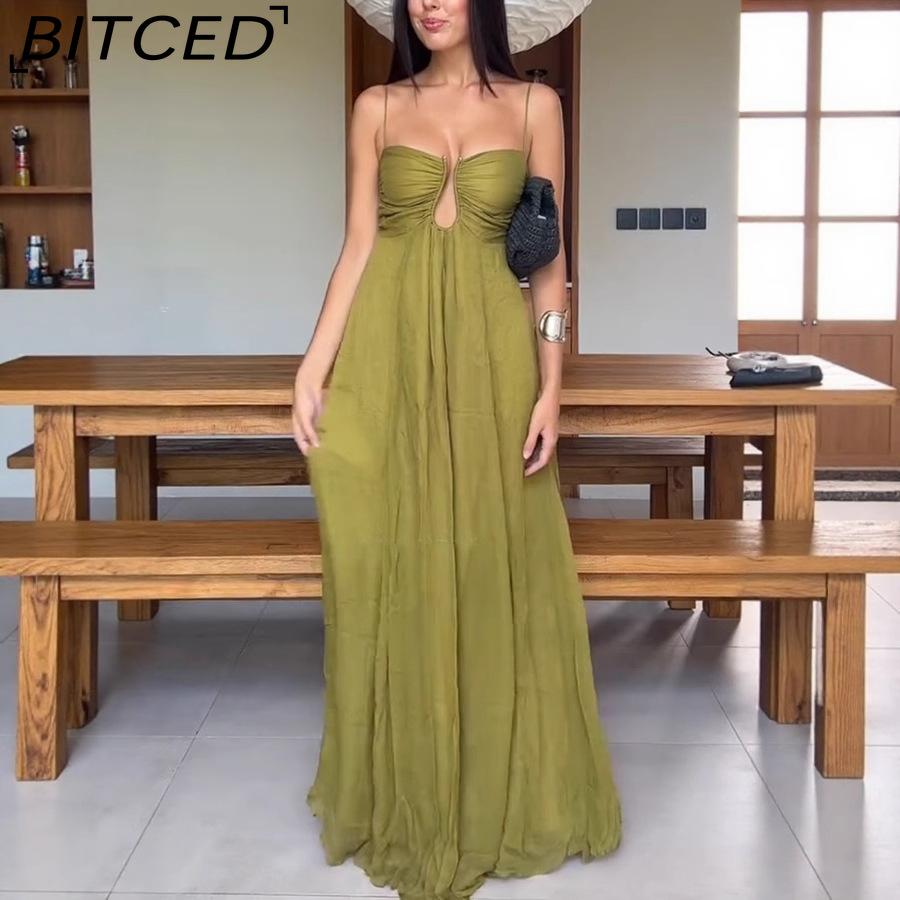 BITCED Summer Sexy Spaghetti Strap U-Neckline Resort Maxi Dress with Full Skirt