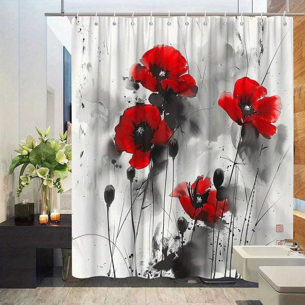 1pc Floral Shower Curtain Red Poppy Pattern Ink Watercolor Style Bathroom Decoration Polyester Fabric Contains 12 Hooks
