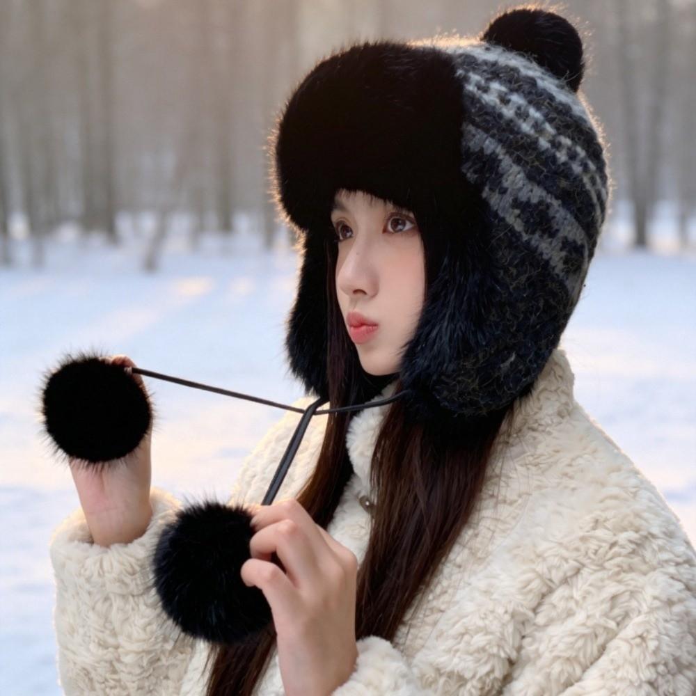 Pom Poms Knitted Trapper Hat 55-58cm Head Circumference Winter Hat Ushanka Hat Outdoor Activities