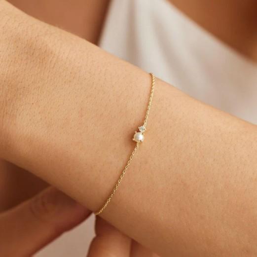 18K Gold Imitation Round Imitation Pearl Zircon Bracelet Stainless Steel Bead Chain Simple Thin Chain Hand Jewelry