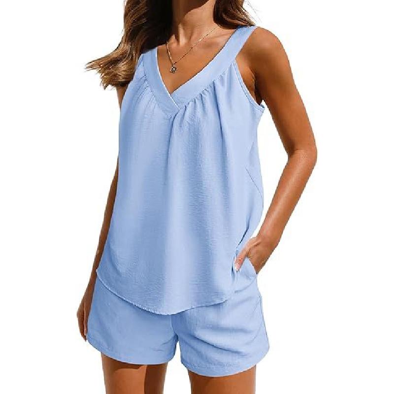 Women Sleeveless V Neck Two Piece Pajama Set With Loose Tank Top And Pocket Shorts For Casual Home Lounge Sleepwear Summer Daily Wear Outfit