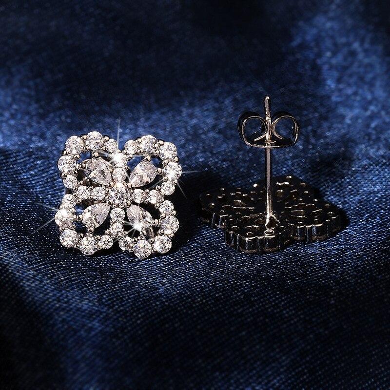 New Arrival Arrive Women Sterling Color Hollow Clover Ear Studs Shining Cubic Zircon Crystal Stone Earrings Girl JewelryWedding Jewelry