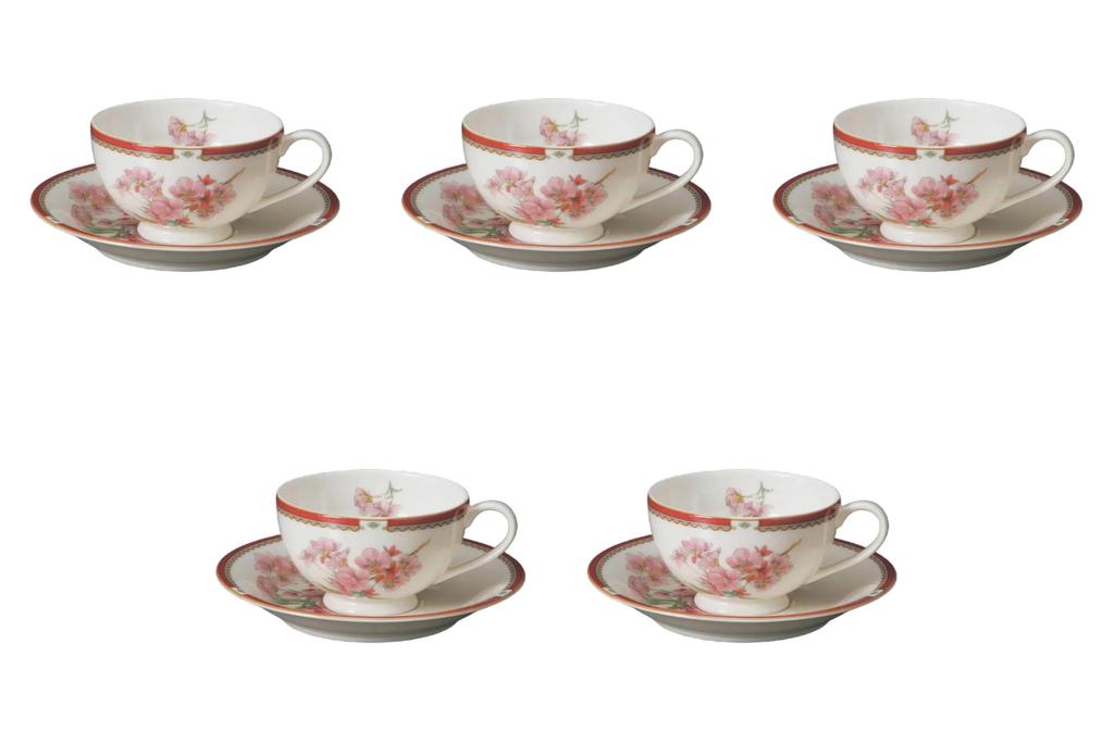 Set of 5 NB Sakura Black Tea Cups and Saucers X 9 X Fuse Ware Cups and Saucers by Setomonohonpo [11.5 5.5 Cm, 200cc]