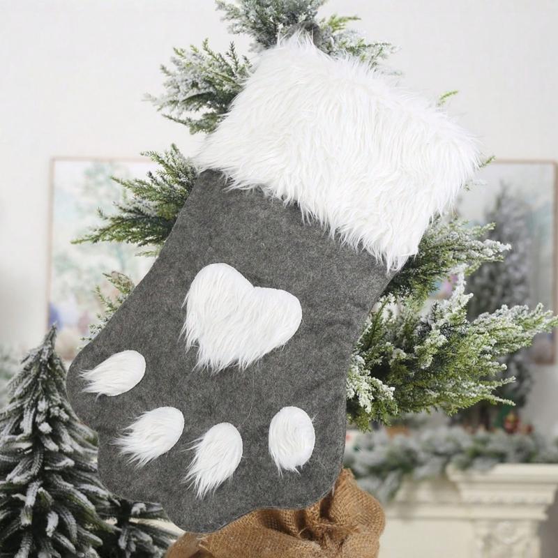 1PC Christmas Stockings, Contemporary Dog Paw Design, Polyester Hanging Socks for Xmas Decorations, Festive Candy Bags
