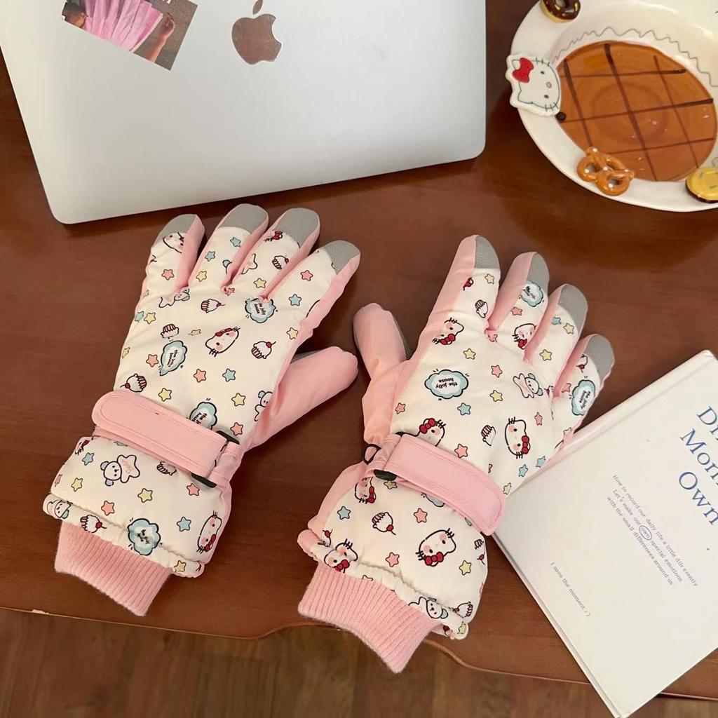 Kadın Kış Karikatür Köpekçik Kayak Eldivenleri: Dokunmatik Ekranlı, Rüzgar Geçirmez, Kadife Astarlı, Dış Mekan Sürüşü İçin Parmak Ayrık