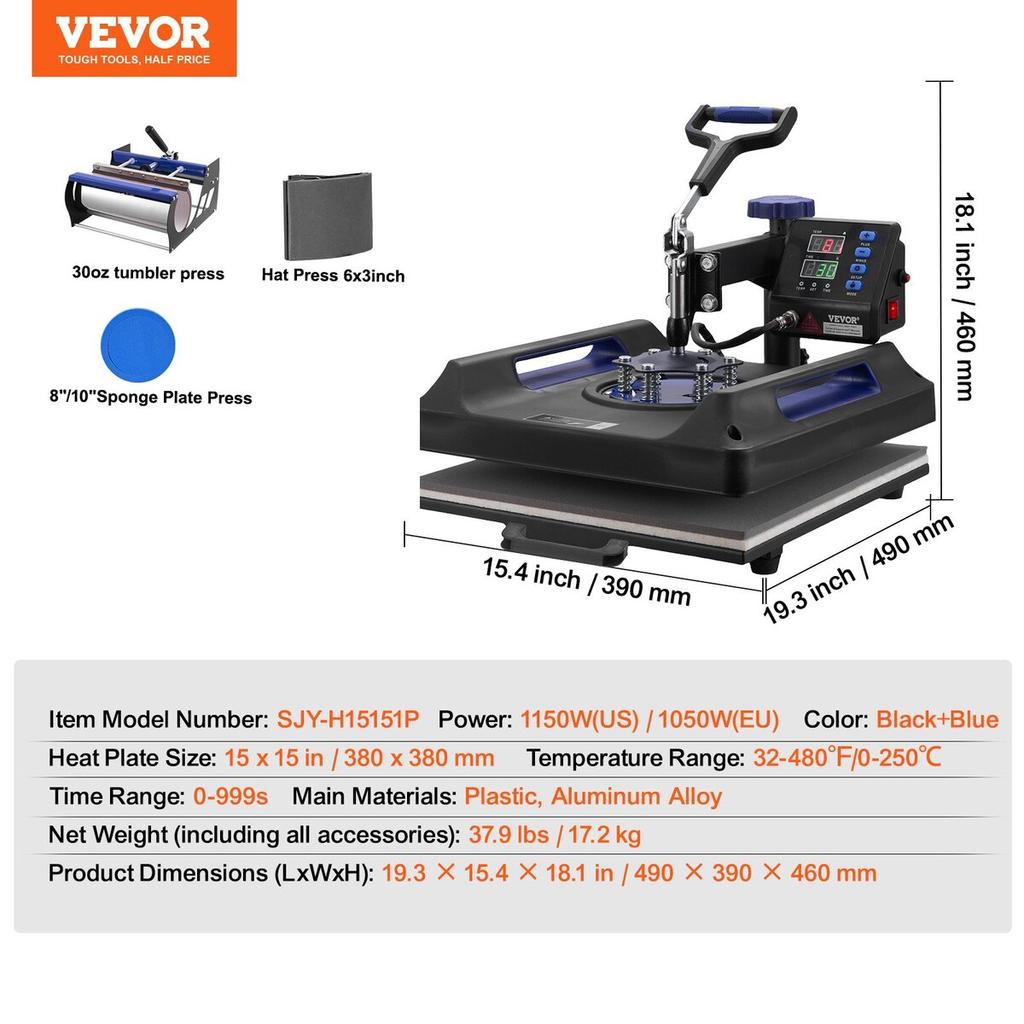 5 In 1 Heat Press Machine 15x15 In 30oz Tumbler Press T-Shirts Black+Blue