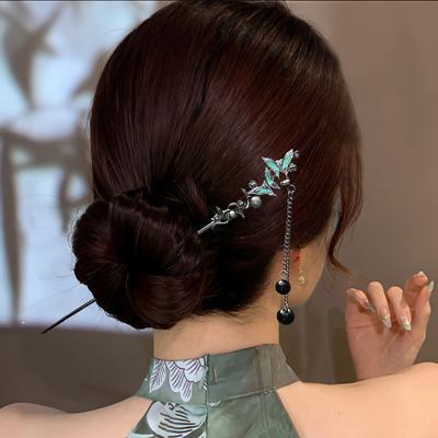 Classic Hair Stick Chopsticks Ink Color Flower Metal Fringe Hairpin For Women Pearl Black Beads Cheongsam Hair Bun Gifts