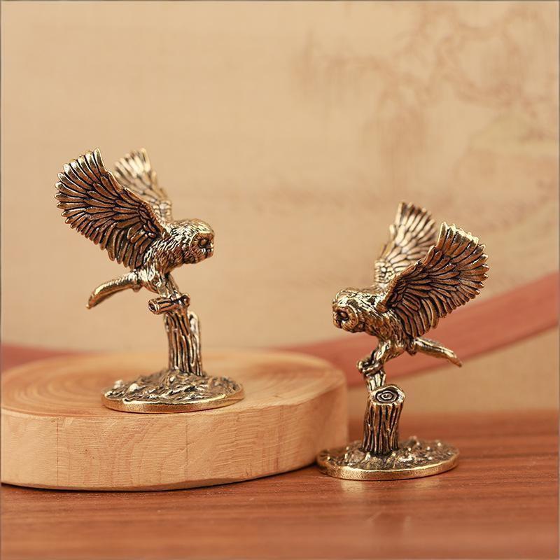 Antique Solid Brass Owl Miniature Figurines Retro Copper Animal Tea Pet Desktop Ornament Home Decor Crafts Animal Figurines A