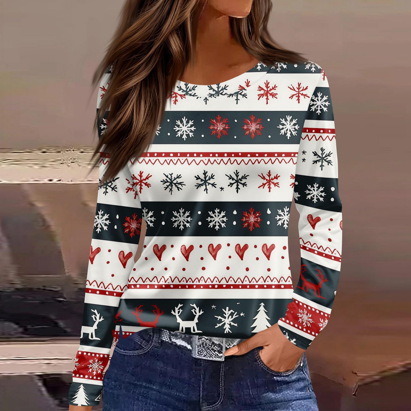 

Женская модная повседневная футболка с разрезом по низу, круглым вырезом, длинными рукавами, свободного кроя, с рождественским принтом, женский топ L синий