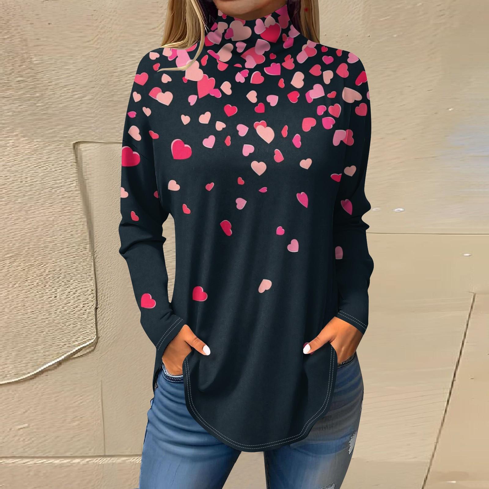 

Футболки для женщин, осенние повседневные рубашки с длинным рукавом, толстовка с принтом, топ с высоким воротом, пуловер L чёрный