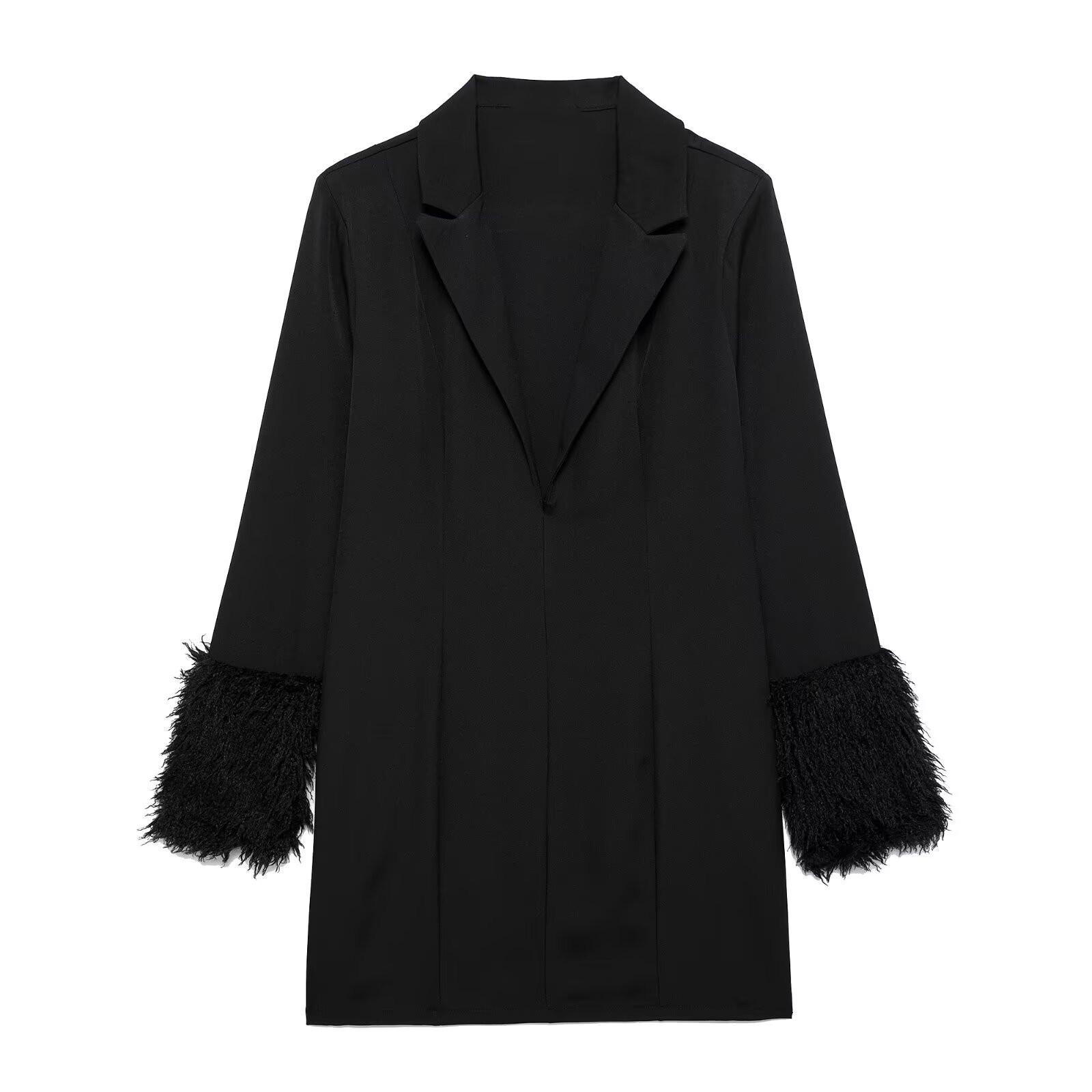 

2025 Spring Women s Elegant Fur Patchwork Slit Dress Small чёрный