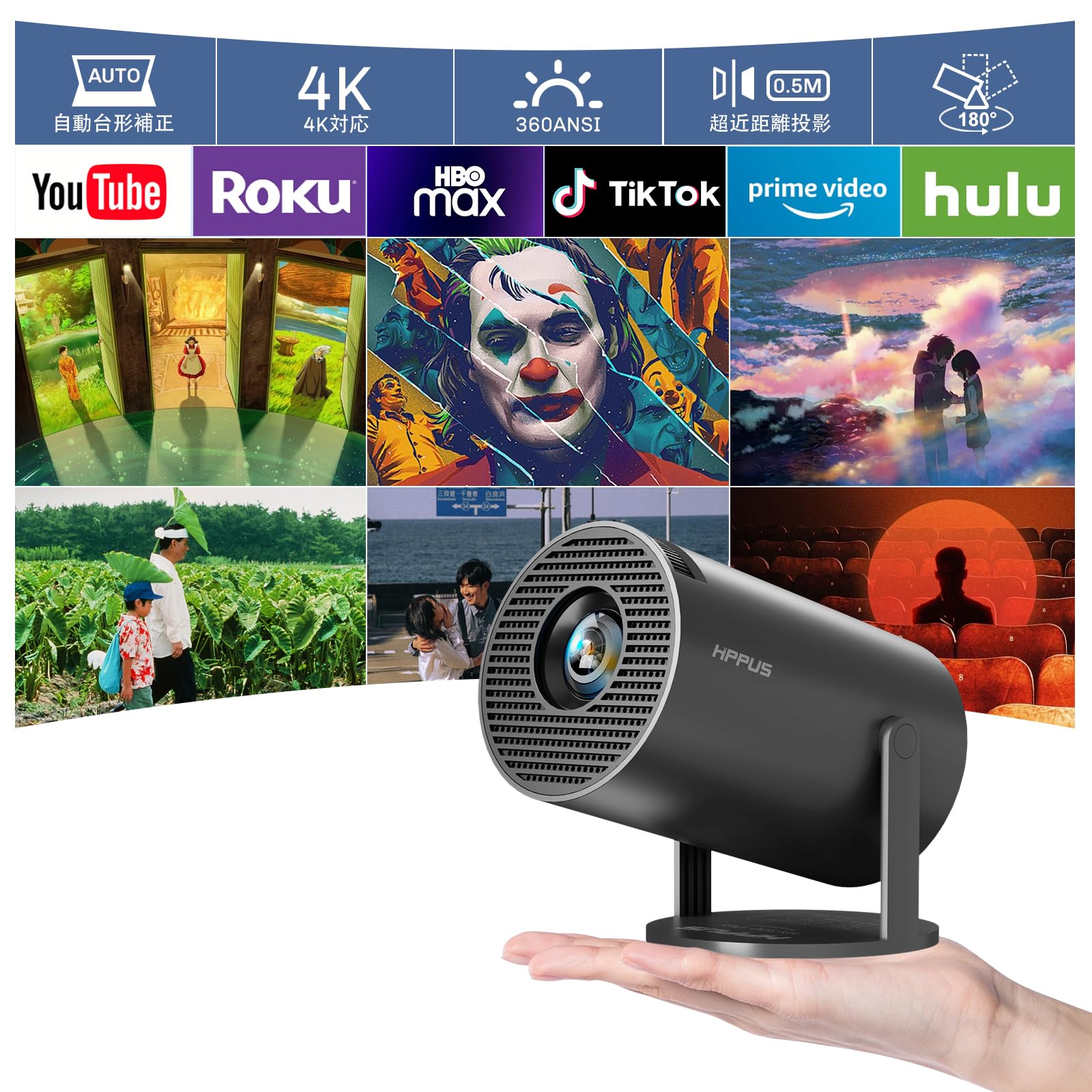 

Rotation Android HIPPUS Android TV Projector Ceiling Projector Small Home Use Automatic Keystone Correction 360ANSI 1080P 5G Compatible Bluetooth