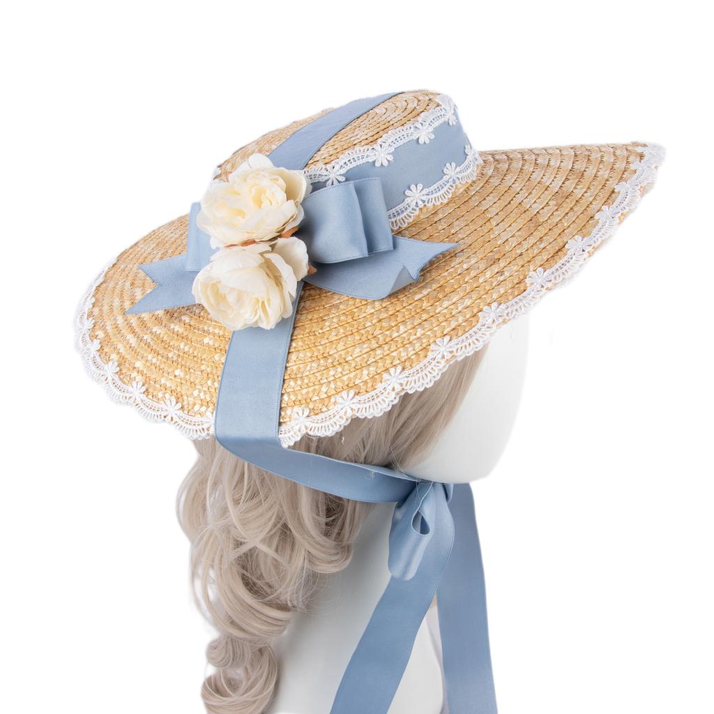 Handmade Elegant Flowers Straw Hat Multi Colored Bonnet Flat Hat Lolita Cosplay Ribbon Straw French Hat for Beach Vacation
