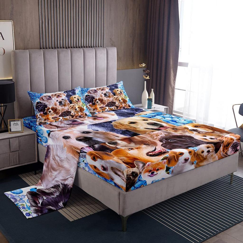 Animal Cat and Dog Pattern Bed Hat Four-piece Bedding Set Bedroom Dormitory Bedding Decoration