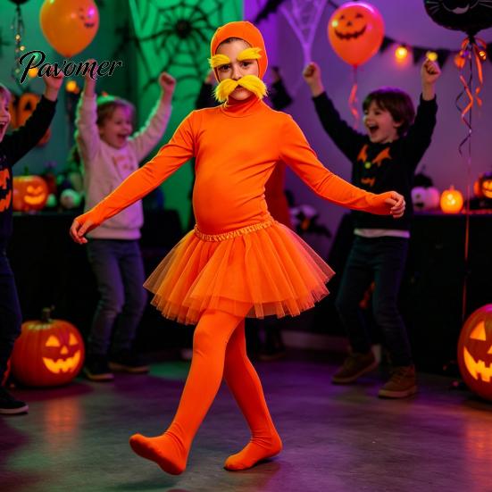 Halloween Party Jumpsuits Orange Full Bodysuit, with Tulle Skirt, Fake Belly, Yellow Mustache & Eyebrows, Cosplay Outfit Open Face Zentai Suit,
