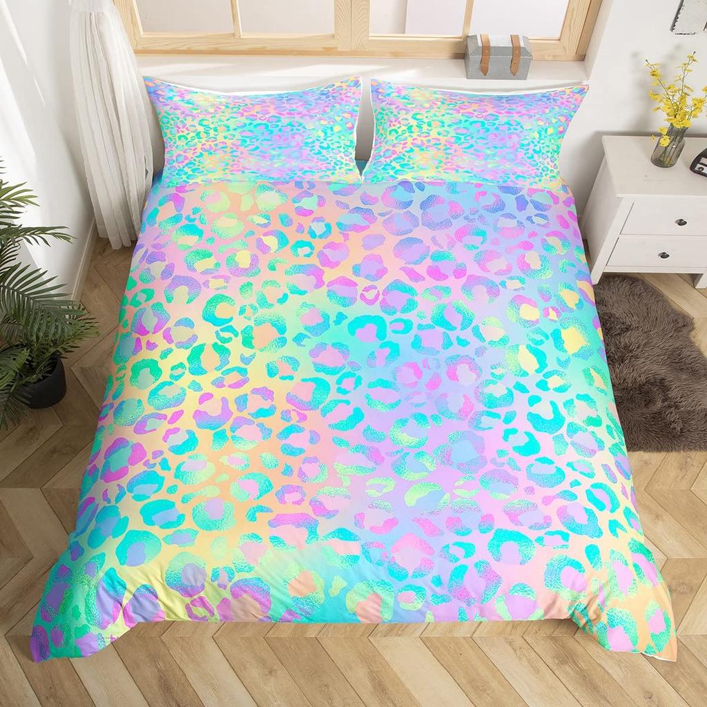 Pink Leopard King Queen Duvet Cover Girly Glitter Bedding Set Cheetah Skin Pattern Quilt Cover 2/3pcs Polyester Comforter Cover