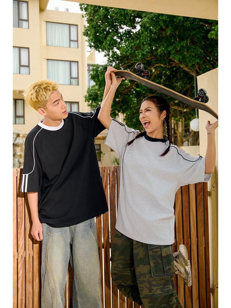 Unisex Color-Block Braided Cord Pull Tab Drop-Shoulder T-Shirt with Round Neck