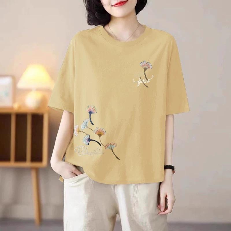 Women Ginkgo Leaf Embroidered Crew Neck Short Sleeve Loose T Shirt
