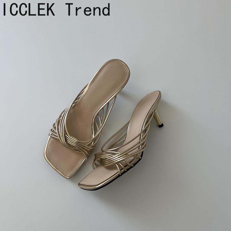 2025 New Summer Concise Narrow Band Women Slippers Fashion Thin Heels Party Pumps Mules Slide Shoes