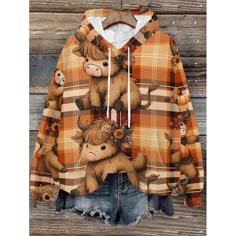 Womens Oversized Hooded Sweatshirt With Cartoon Animal Print Casual Streetwear Top Fall 2025