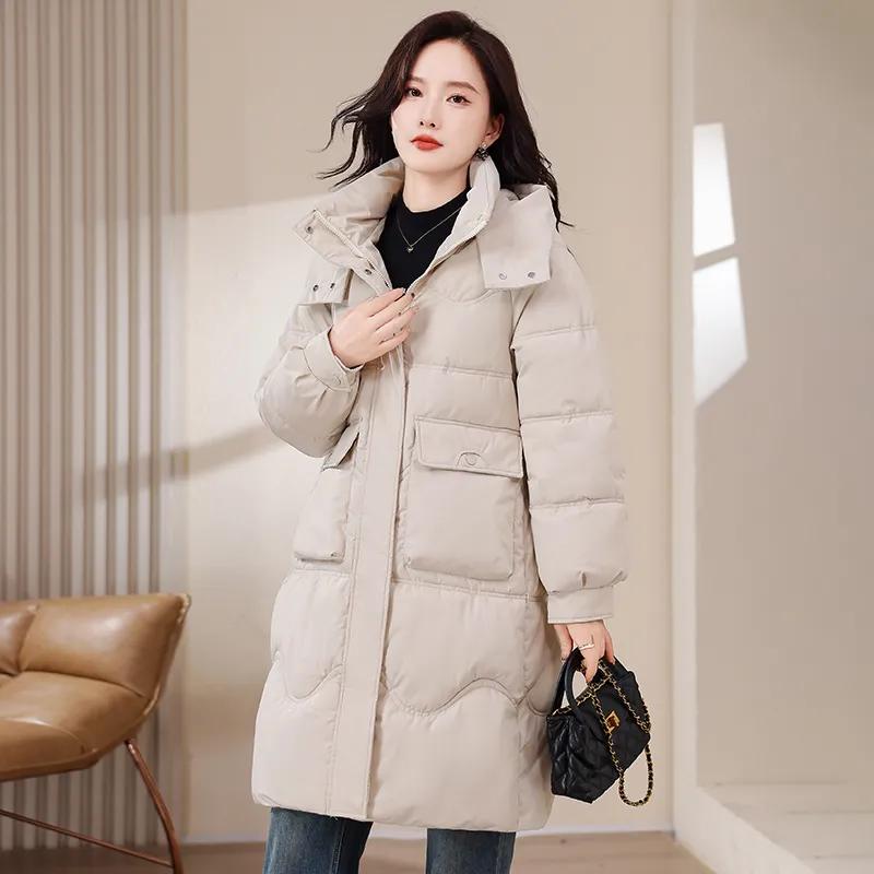 Women's Winter Mid To Long Hooded Thick Coat Ladies Solid Color Temperament Plus Loose Fit Coat