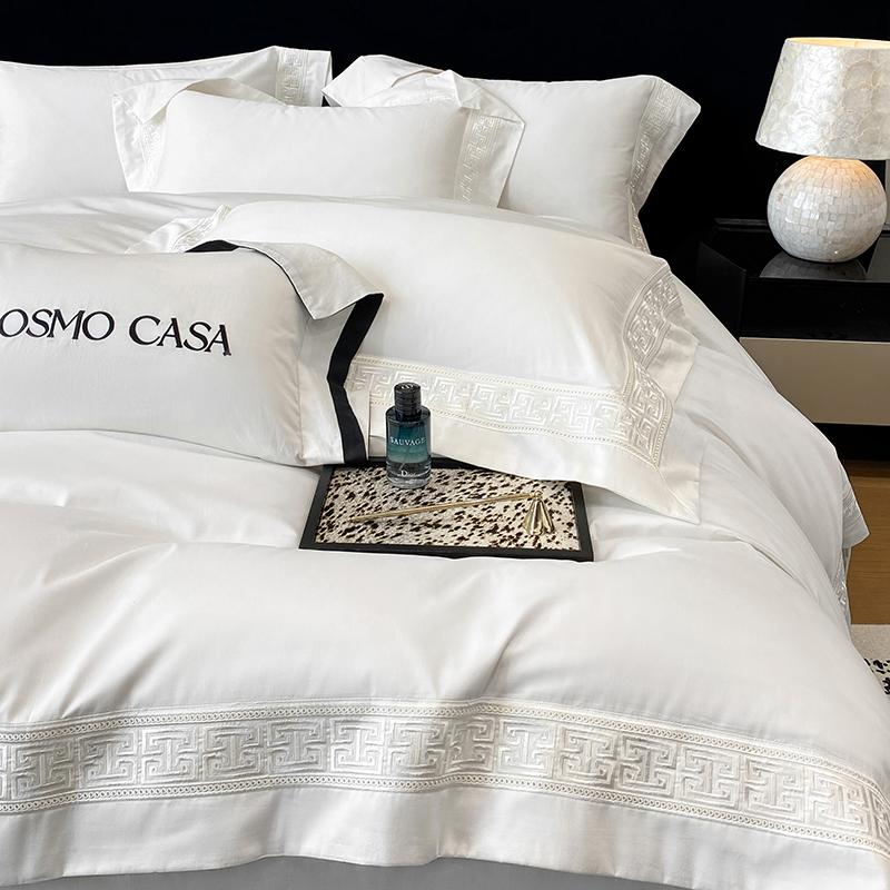 100% Ägyptische Baumwolle Weiß Luxus Stickerei Hotelstil Bettwäsche Set Bettbezug Set Flaches/Spannbettlaken Kissenbezüge 4-teilig