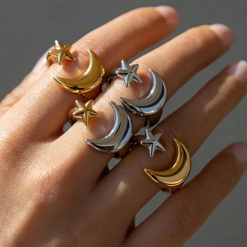 Stainless Steel Gold Color Star Moon Open Rings For Women Minimalist Metal Two Tone Adjustable Finger Ring Jewelry Party Gift