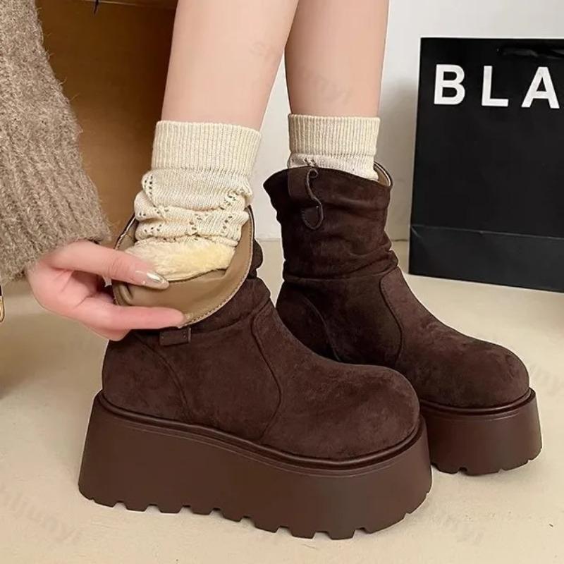 Schneestiefel für Damen Schuhe Plüsch Winter Plateau Schuhe 2025 Neue Pelz Geraffte Stiefeletten Damen Dicke Sohle Mid-Calf Stiefel