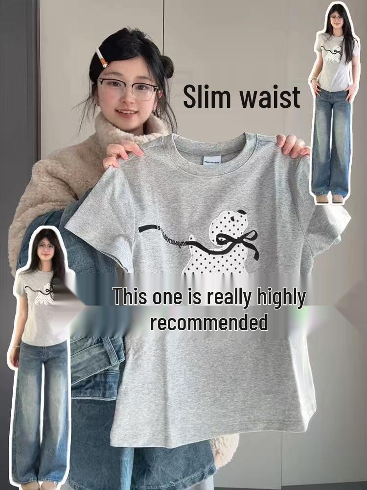 Korean Polka Dot Bow Embroidered Puppy T-shirt, Women s Summer Slim-Fit, Waist-Cinching, Pure Cotton Short Sleeve Top. S