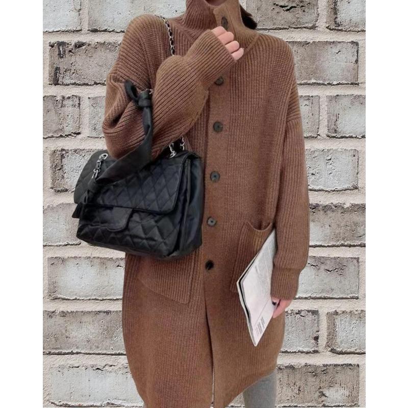 Dámsky pletený sveter s dlhými rukávmi, jednoprsia, jednoprsia s chlopňou one size kávová