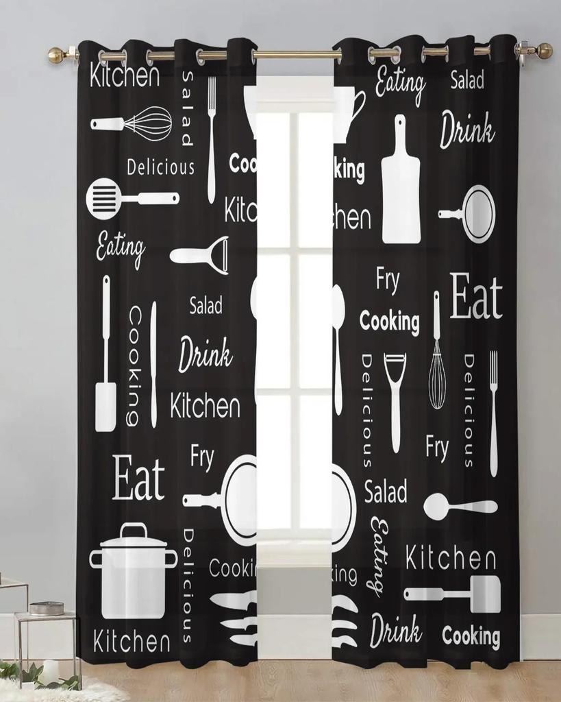 2Panels Chiffon Sheer Curtain Kitchen Curtain Kitchenware Chef Print Voile Tulle Cortinas for Kitchen LivingRoom Window Cortina