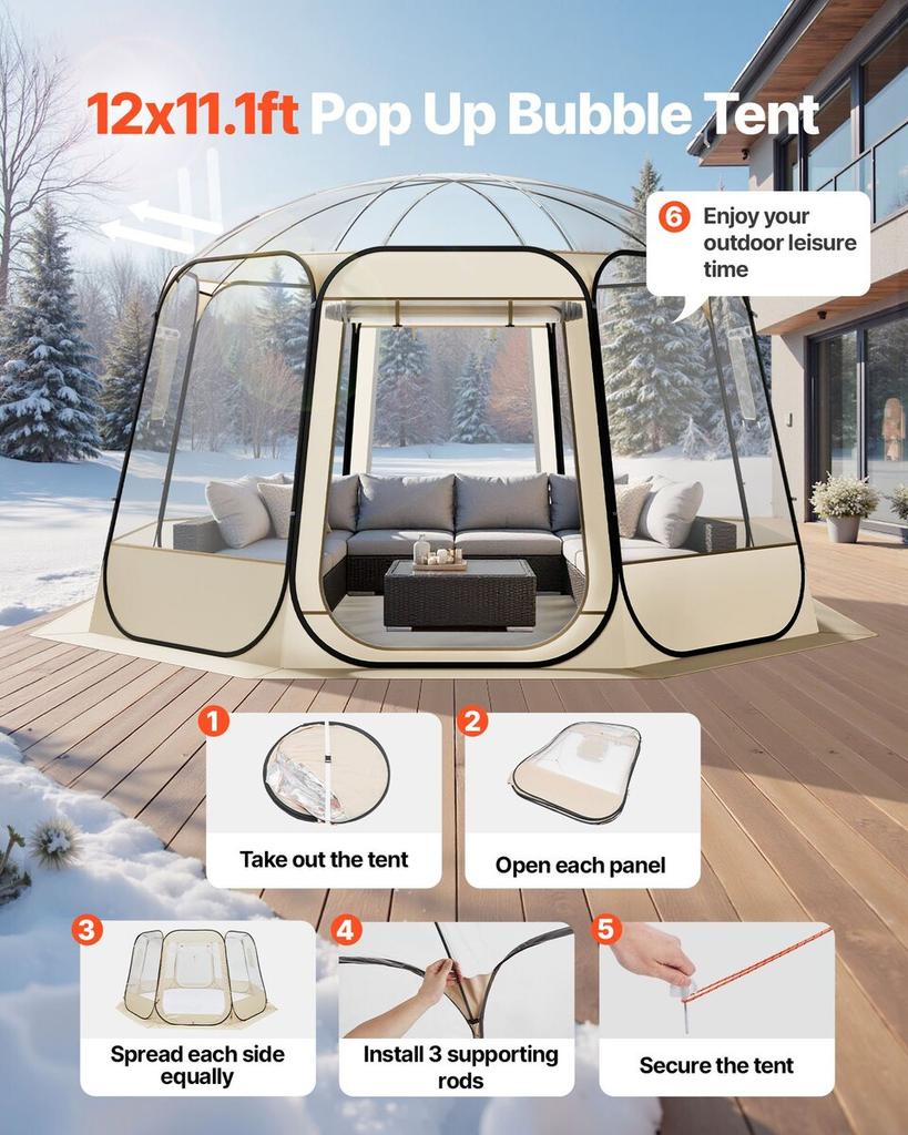 Pop up Bubble Tent, 3.36 x 3.45 m Waterproof & UV-Resistant, Clear Camping Tent Shelter, Outdoor Garden Dome Igloo Tents with Windows, 540° Panoramic