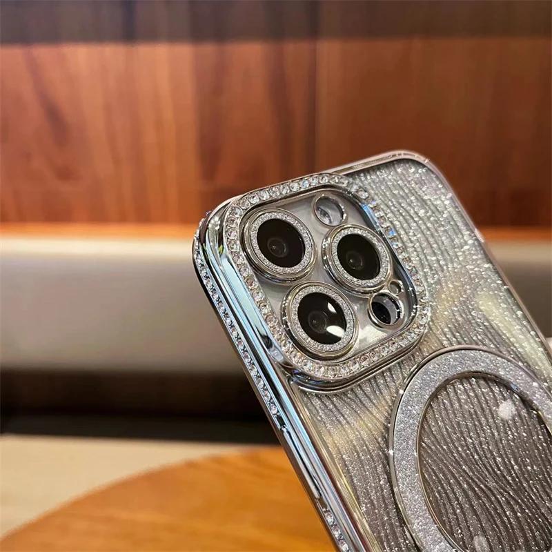 For iPhone 16 Pro Max Luxury Plating Flash Magsafe Magnetic Rhinestone Phone Case For iPhone 11 12 13 14 15 16 Plus Lens Cover