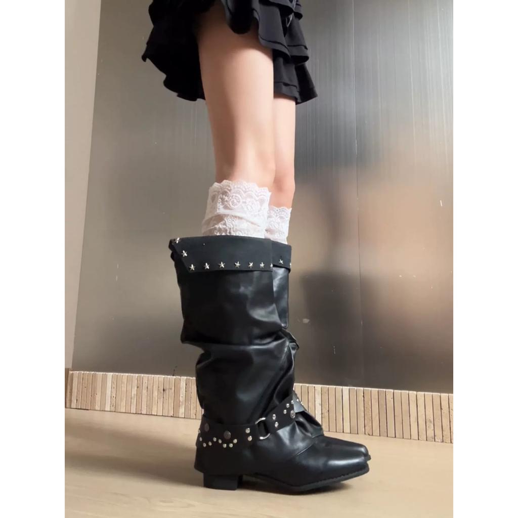 Retro Pointed Babes Style Versatile and Thin Thick Heel Martin Boots Women's Autumn New Black Stacked Pants Tube Boots