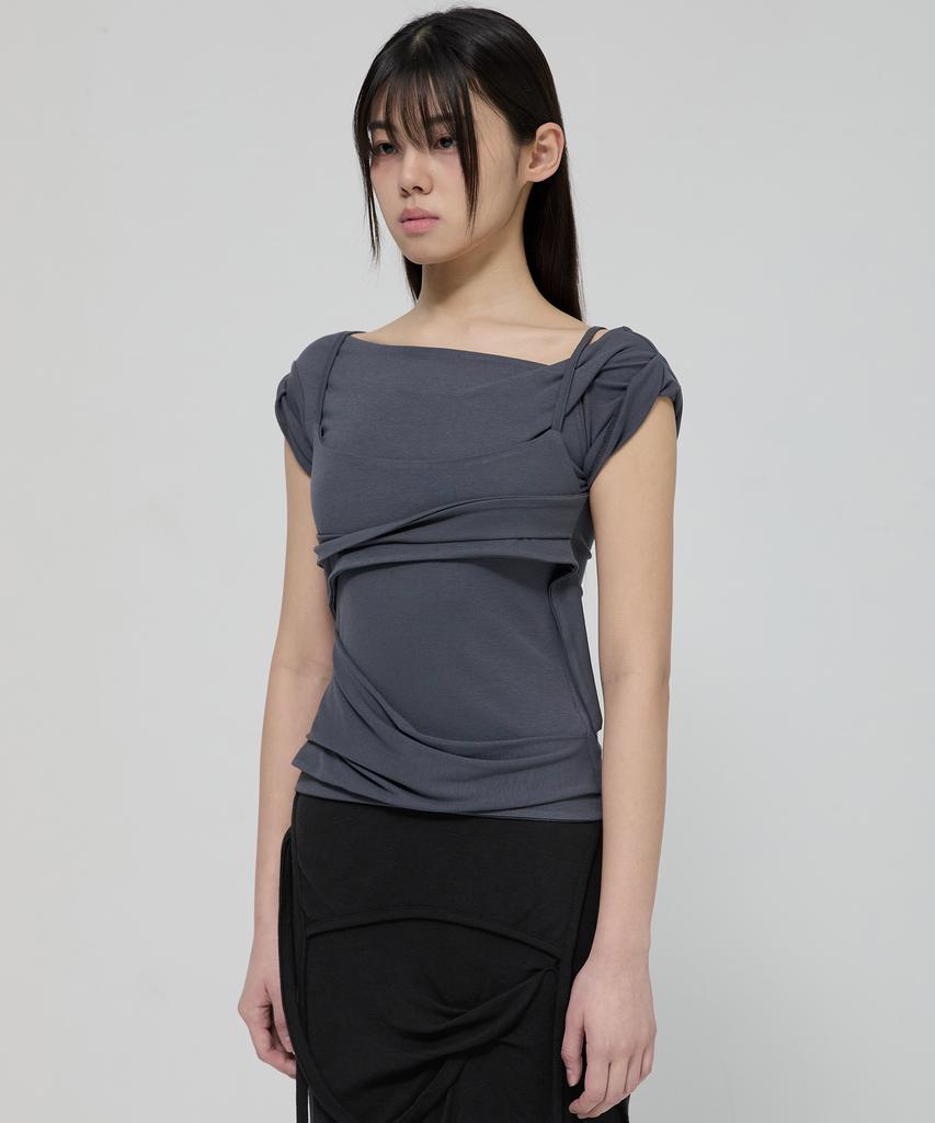 Peulleeoeob Layered Bustier T-Shirt (Fl-108_Charcoal)