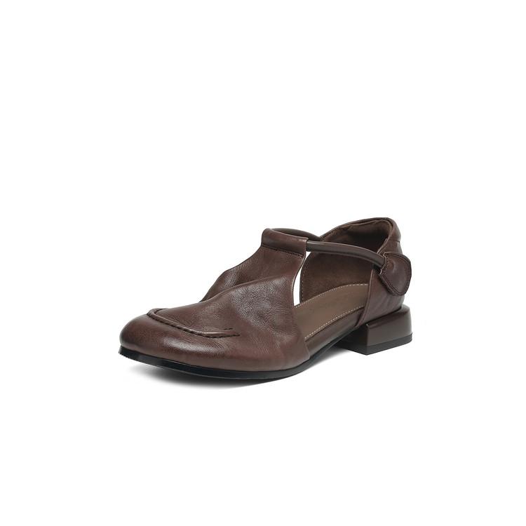 

Fashion NEW Summer Women Sandals Genuine Leather Shoes for Women Round Toe Low Heel Shoes Soft Daily Shoes Cover Toe Cover Heel Sandals 34 коричневый