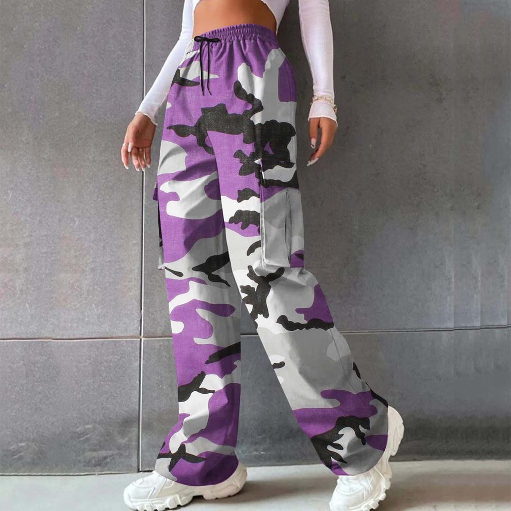 Women’s High-waisted, Wide-leg, Straight-cut, Loose-fitting, Elegant Commuter Trousers; Printed Camouflage Trousers; Casual Trousers
