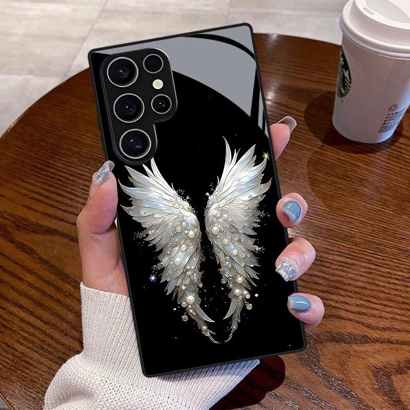 Engelsflügel Glas Handyhülle geeignet für Samsung Galaxy S26 S25 S24 S23 S22 S20 FE/Ultra/Plus sturzsichere Rückabdeckung