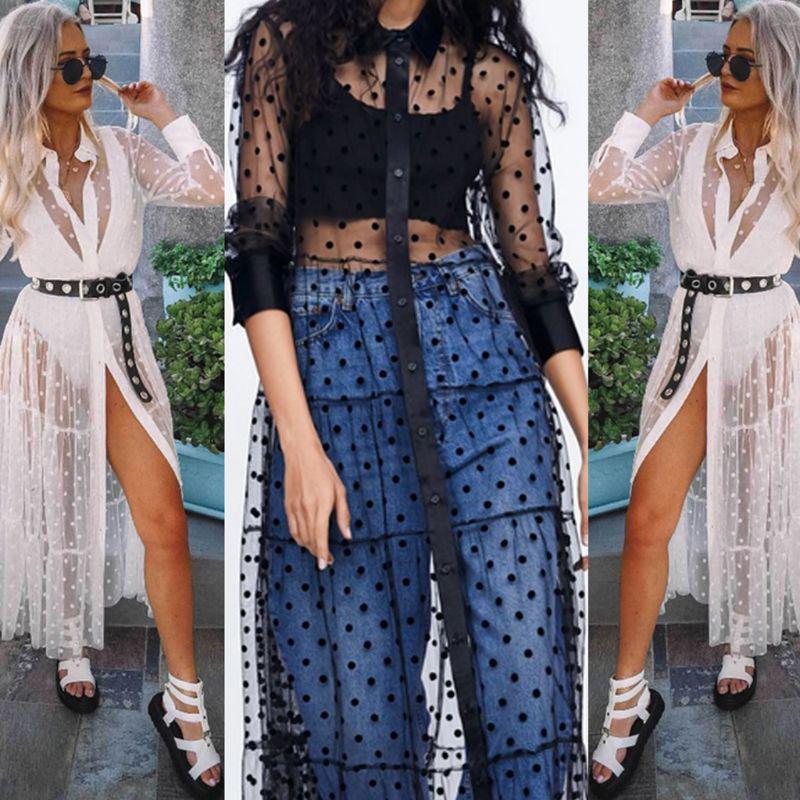 Buy Women Polka Dot Sheer Mesh Maxi 