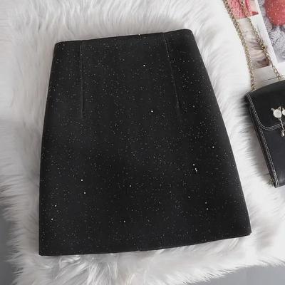 Gray Wool Skirt for Women: Shiny Sequin-Embellished, High-End Autumn/Winter 2024 Style