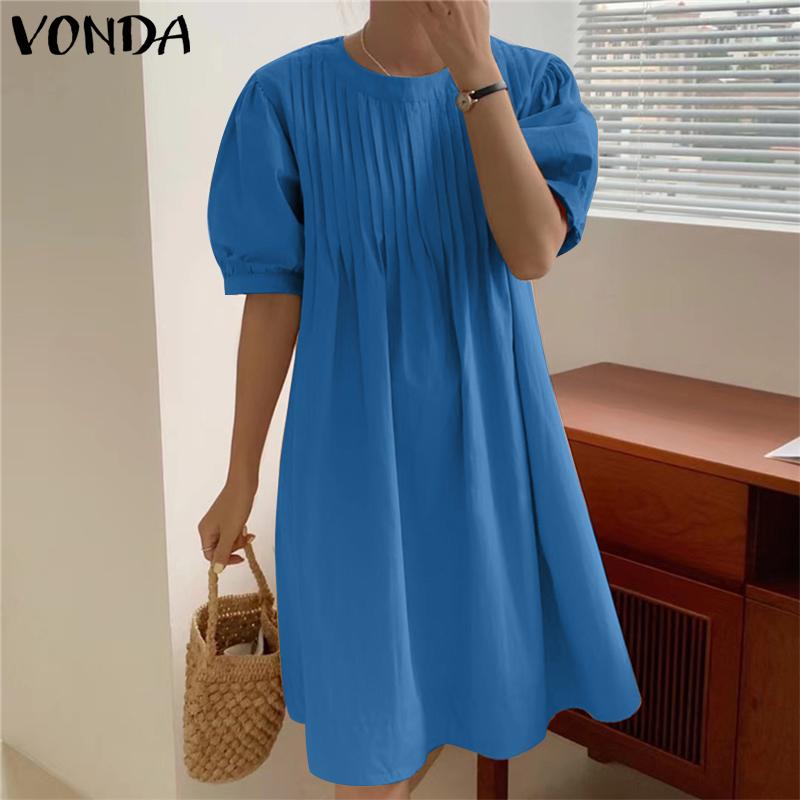 

VONDA Плюс Размер Лето Женская Мода Повседневная Свободная Пуф с коротким рукавом Простое мини-платье Праздник Плиссированные твердые короткие платья Халат Femme