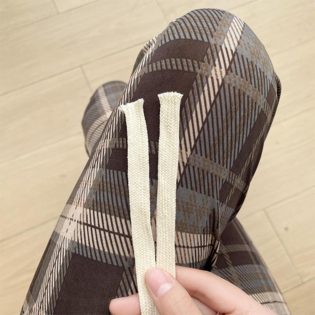 Women's 2025 Spring Retro Brown Plaid Wide-Leg Ice Silk Pants