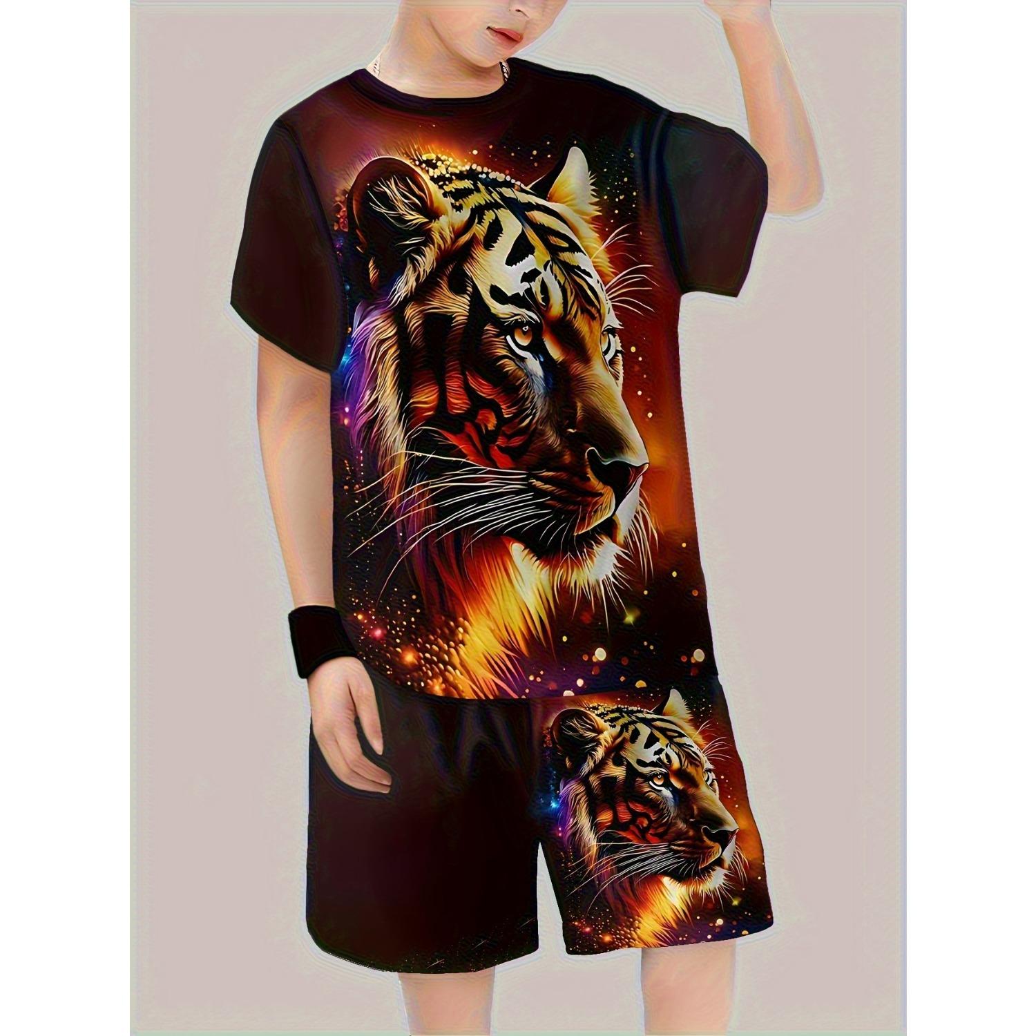 

Boys 3D printed tiger pattern T-shirt shorts set - casual summer outfit, round neck short sleeved T-shirt 5-6 Years