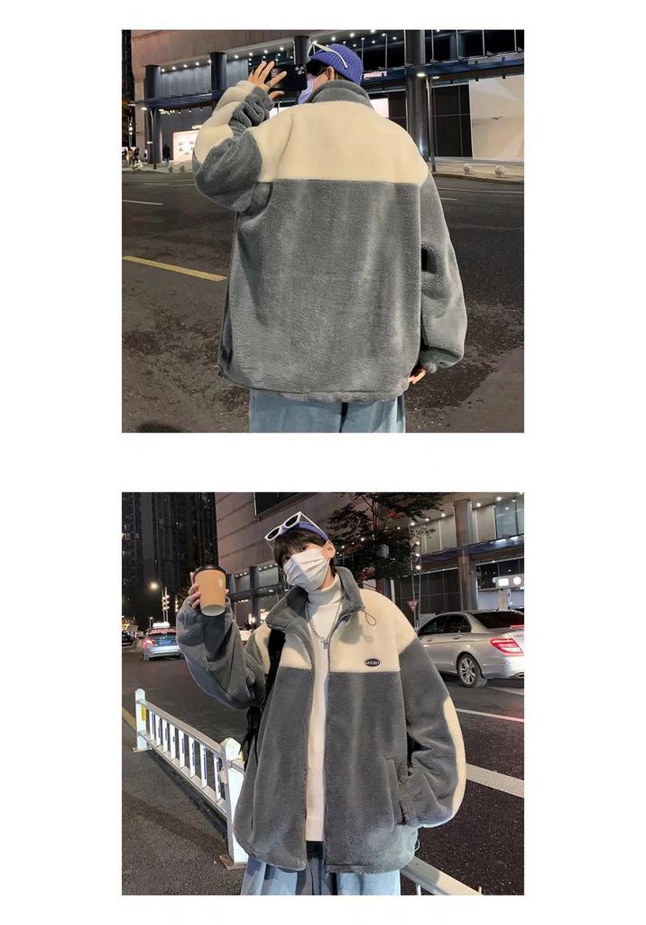 Herren Kontrastfarbene Lammwolle Winterjacke - Dick, Warm, Locker geschnittener Lässiger Baumwollmantel
